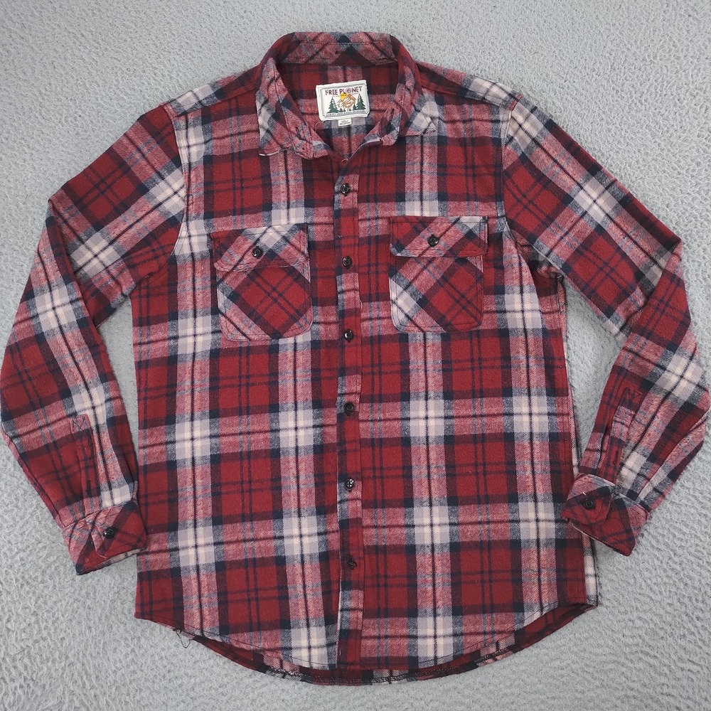 Free Planet Flannel Shirt Mens Large Red Plaid 100% Cotton Heavyweight Button Up
